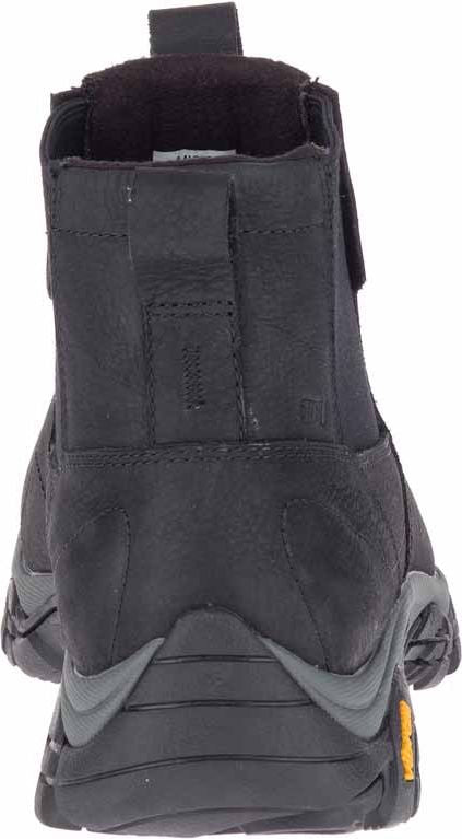 Black pull-on ankle boot with elastic side panels and a rugged sole.