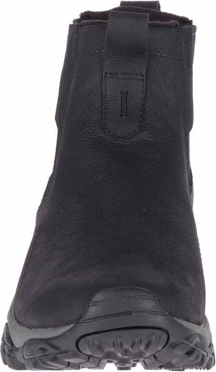 Front view of a black, nubuck leather Chelsea boot with a heel pull loop.