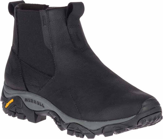 Black leather ankle boot with gray lug sole and elastic sides.