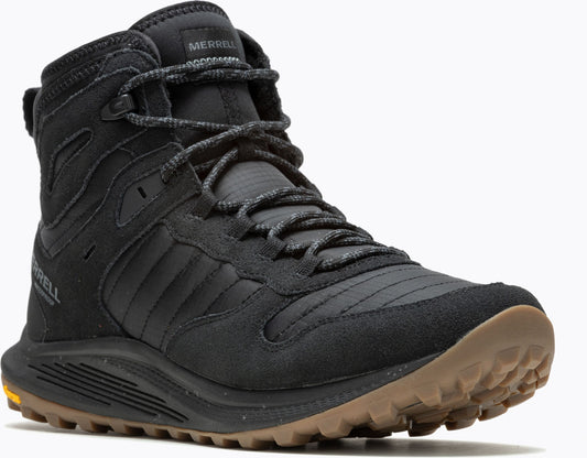 Black mid-height hiking boot with a brown sole and dark gray laces.
