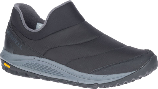 Black slip-on sneaker with a quilted upper and gray lining and sole.