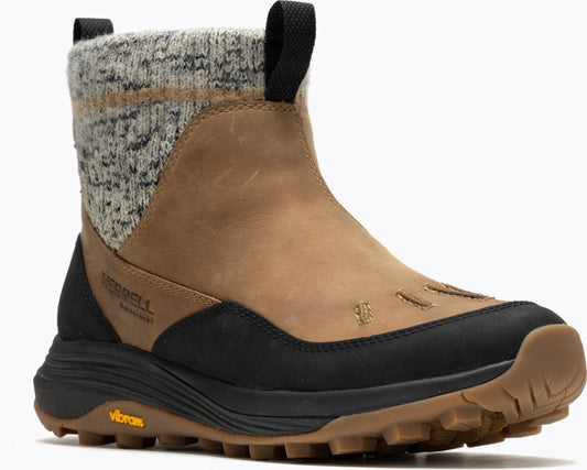 Tan, black, and gray mid-ankle boot with pull-tab