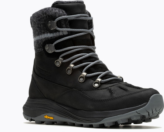 Black leather boot with gray wool collar, lace up closure, and gray sole.