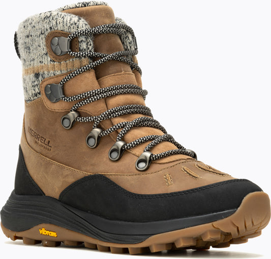 Tan leather boot with a knit top, black sole, and gray/black laces.