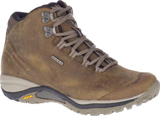 Brown leather hiking boot with striped laces, a waterproof emblem, and a Vibram sole.