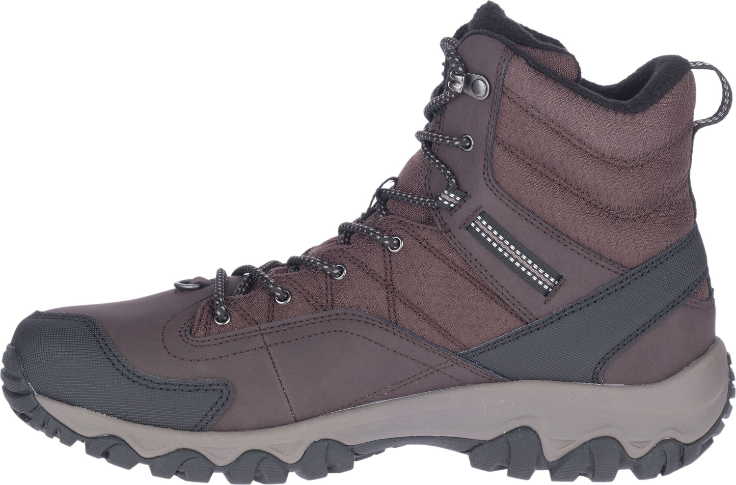 A brown, insulated hiking boot with dark grey accents and a high-top profile.