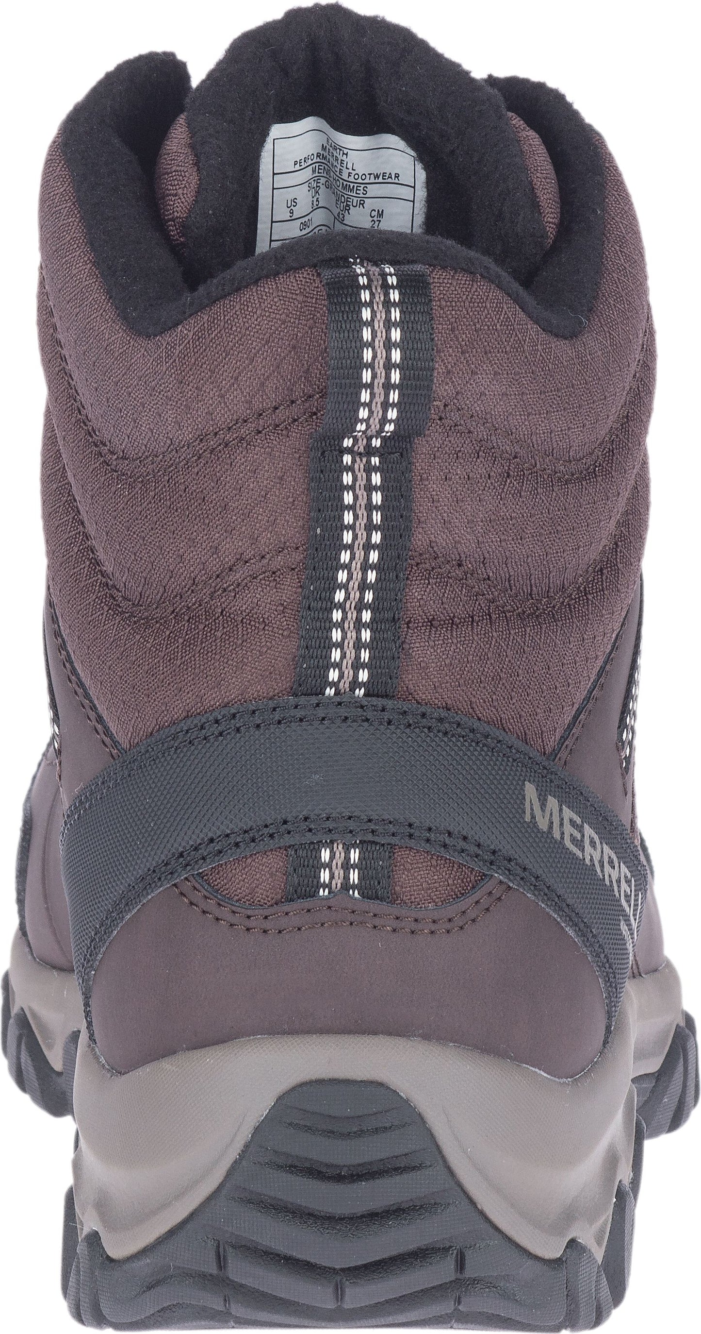 Rear view of a brown high top hiking boot with a black padded collar and a pull tab with reflective strips.