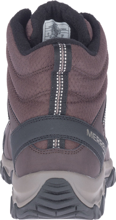 Rear view of a brown high top hiking boot with a black padded collar and a pull tab with reflective strips.