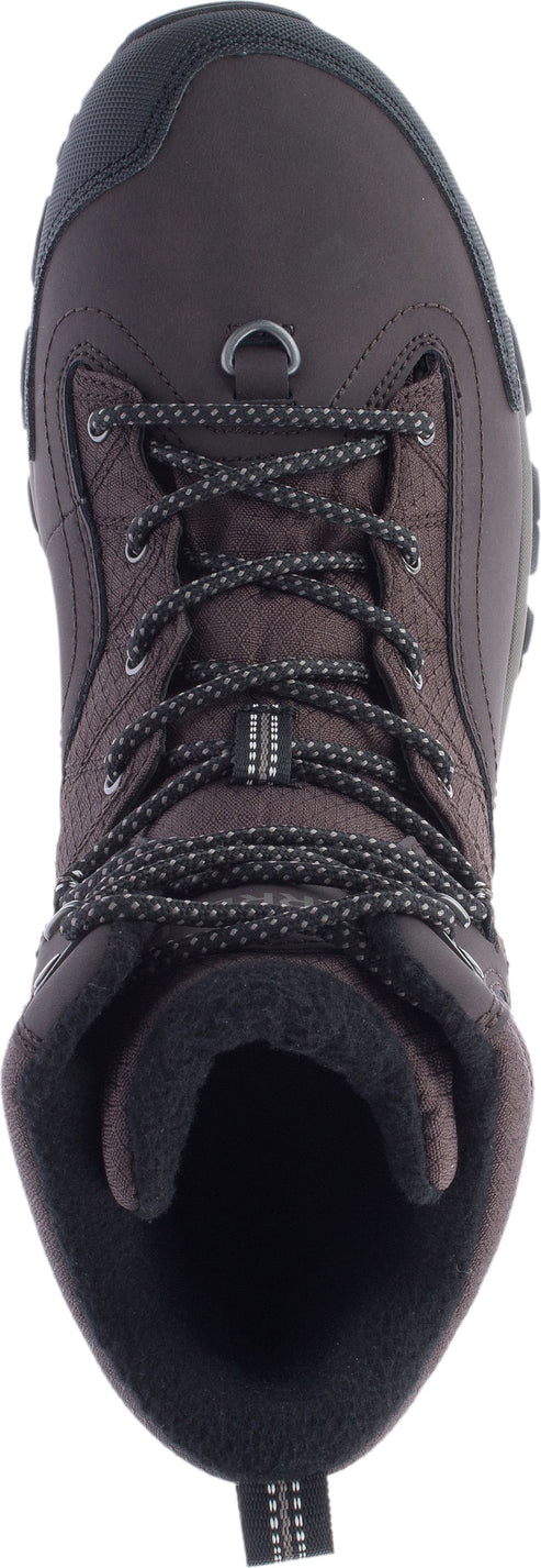 Top-down view of a brown, lace-up boot with dark laces and a dark interior.