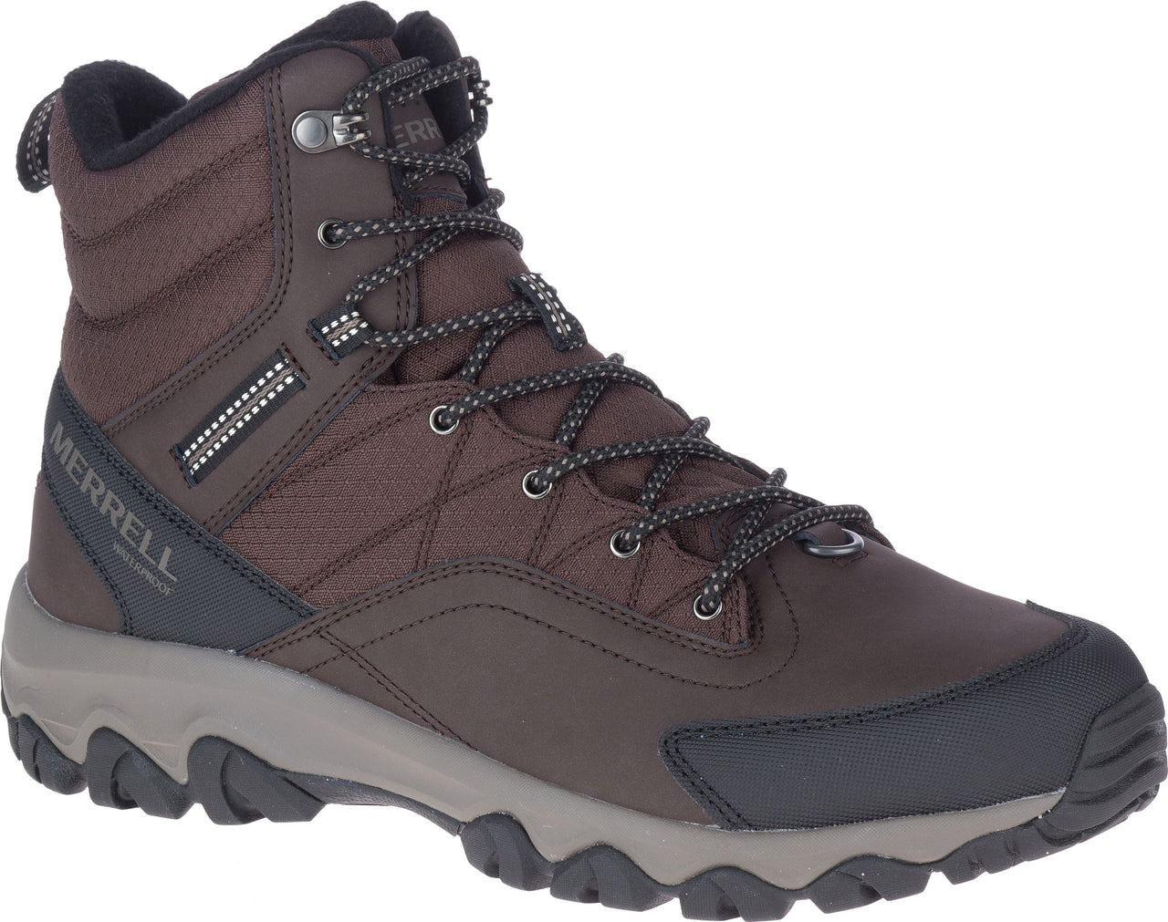 Brown mid-rise waterproof hiking boot with lace-up closure and gray sole.