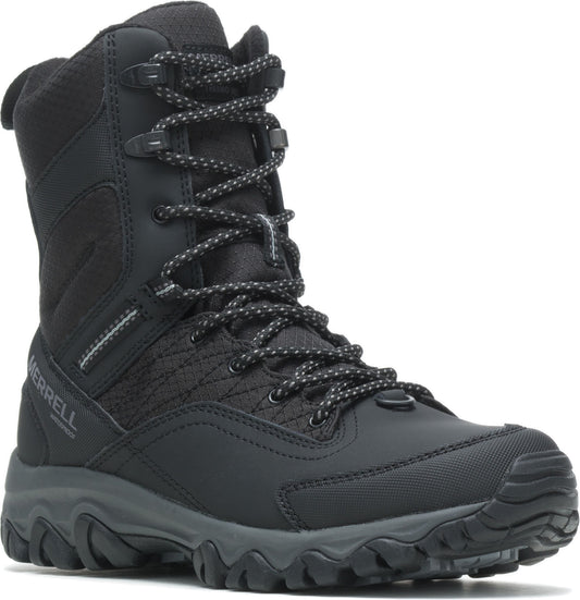 Mid-calf, black boot with laces, a thick patterned sole, and the word "MERRELL WATERPROOF" near the heel.