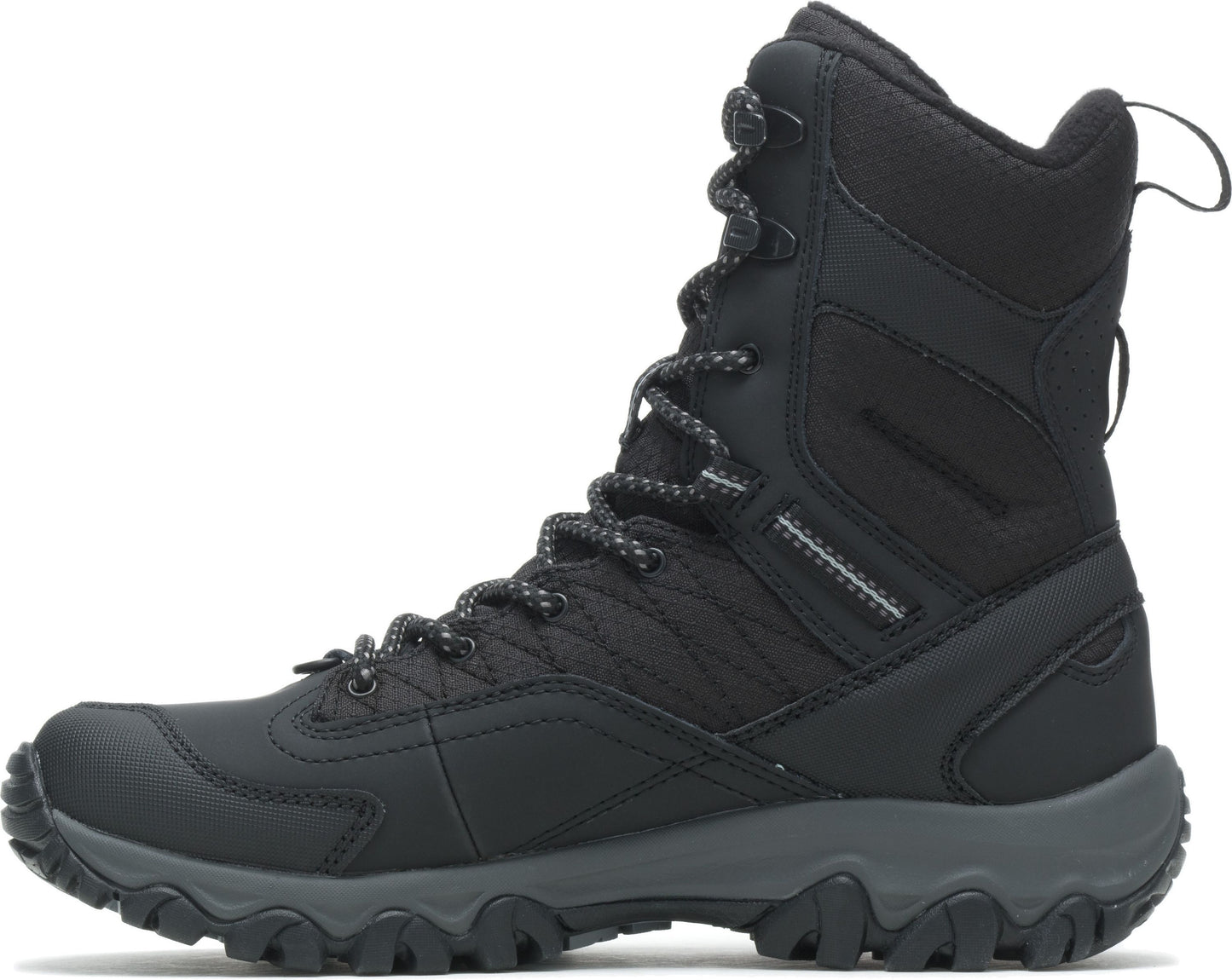 Black tall lace-up winter boot with thick textured sole.