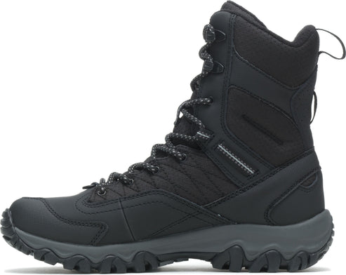Black tall lace-up winter boot with thick textured sole.