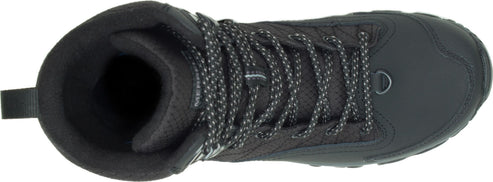Black high-top boot with patterned laces.