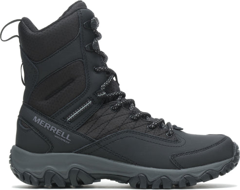 Black tall snow boot with laces and 'MERRELL WATERPROOF' on the side.