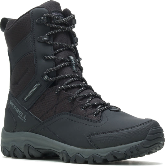 Black tall insulated lace-up boot with waterproof label.