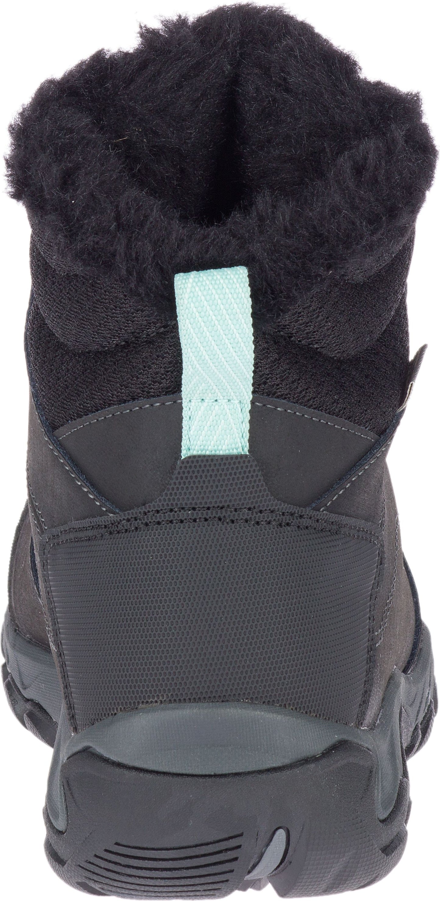 Rear view of a black boot with fur trim and a light blue pull tab.