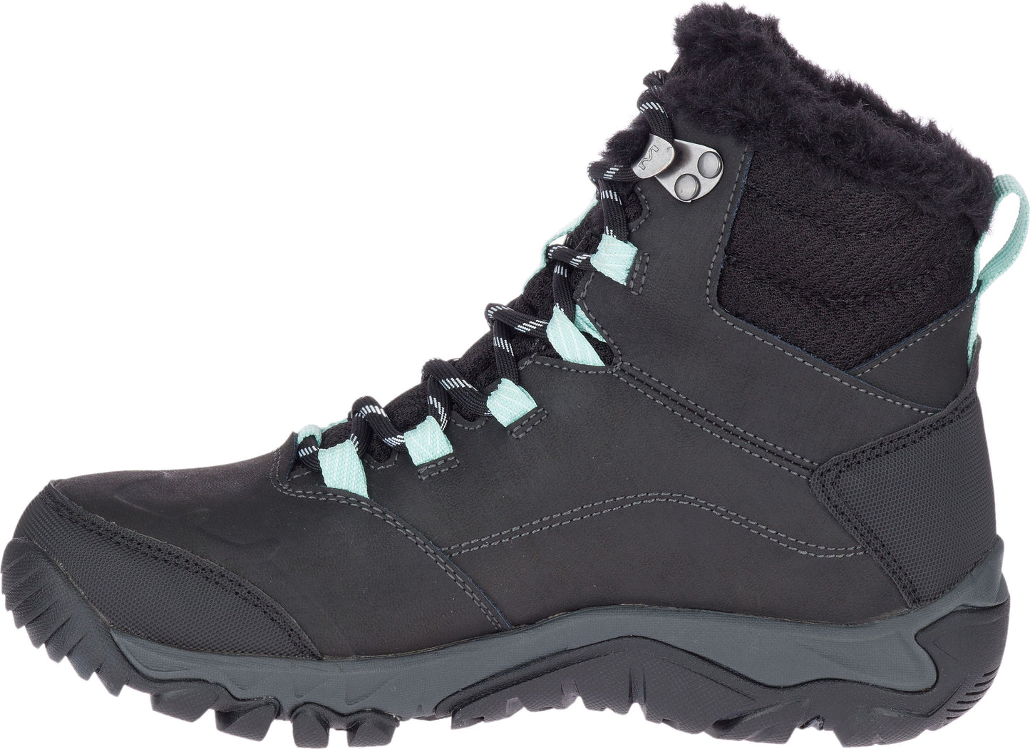 Black winter boot with faux fur trim and mint-colored accents on the laces.