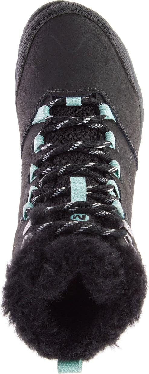 A boot in black with a gray and white laces and faux fur trim.