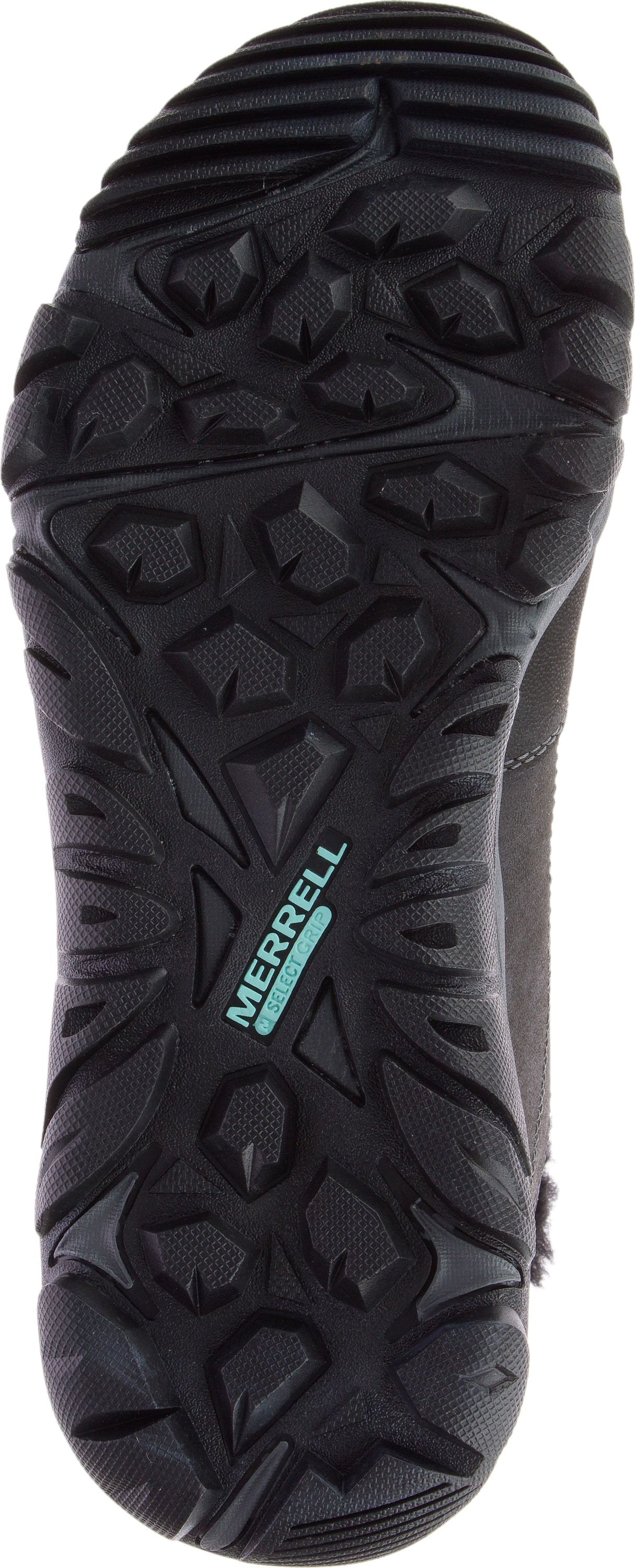 The bottom sole of a shoe with treads and the word MERRELL.