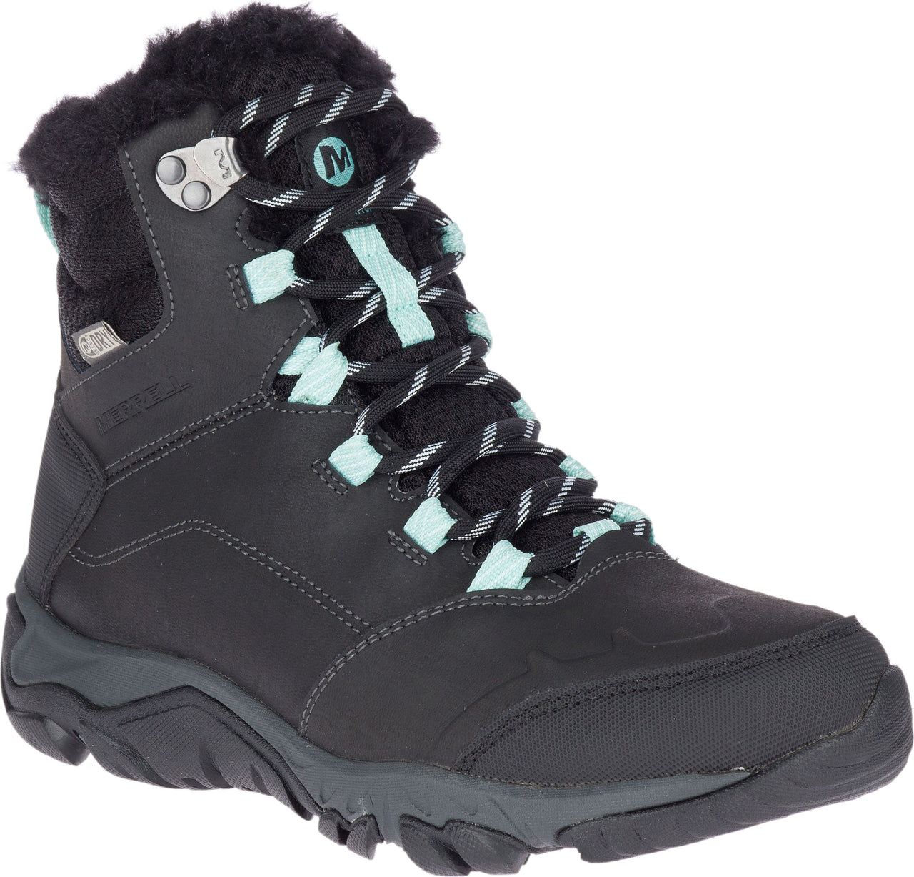 A black, high-cut hiking boot with fur lining the top. The boot is laced with black and white laces with light green eyelets.