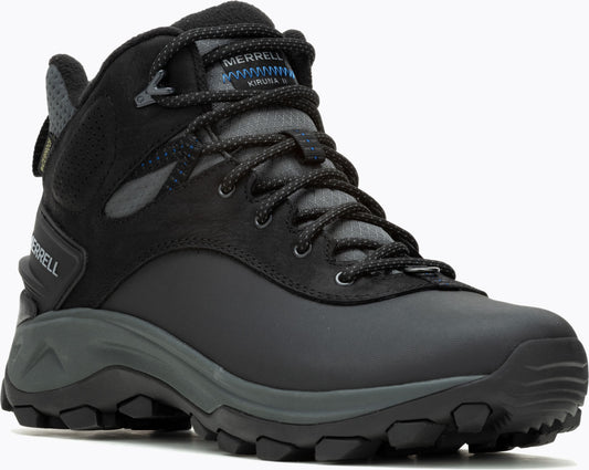 A black mid-top hiking boot with gray padded collar and laces and a lugged sole.