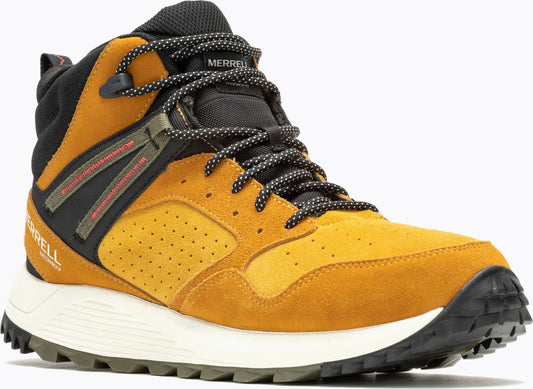 A tan suede hiking boot with black trim and white sole.