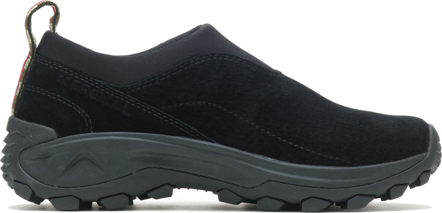 A black suede slip-on shoe with a thick sole.