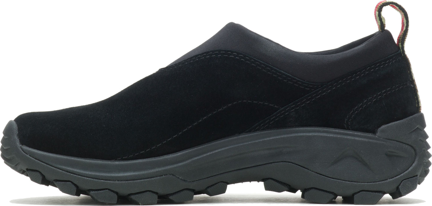 A black slip-on sneaker with a rugged sole.