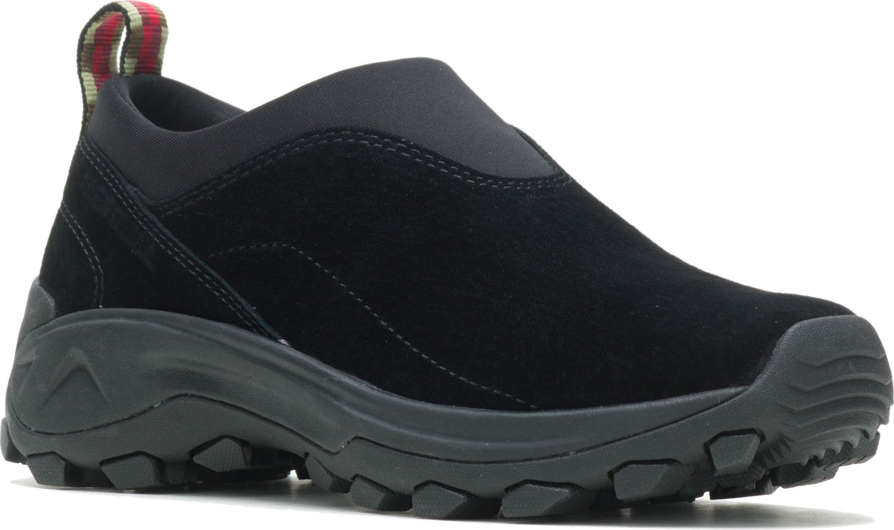 Black suede slip-on shoe with a thick, lugged sole and elastic collar.