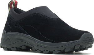 Black suede slip-on shoe with a thick, lugged sole and elastic collar.