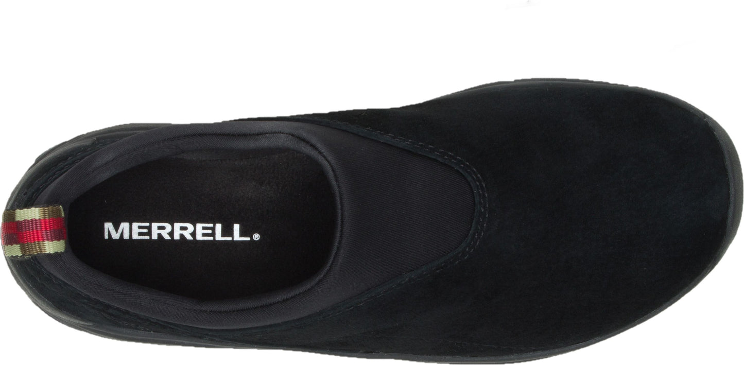 A black slipper with a band around the top and a heel loop with stripes.