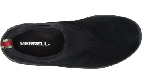 A black slipper with a band around the top and a heel loop with stripes.