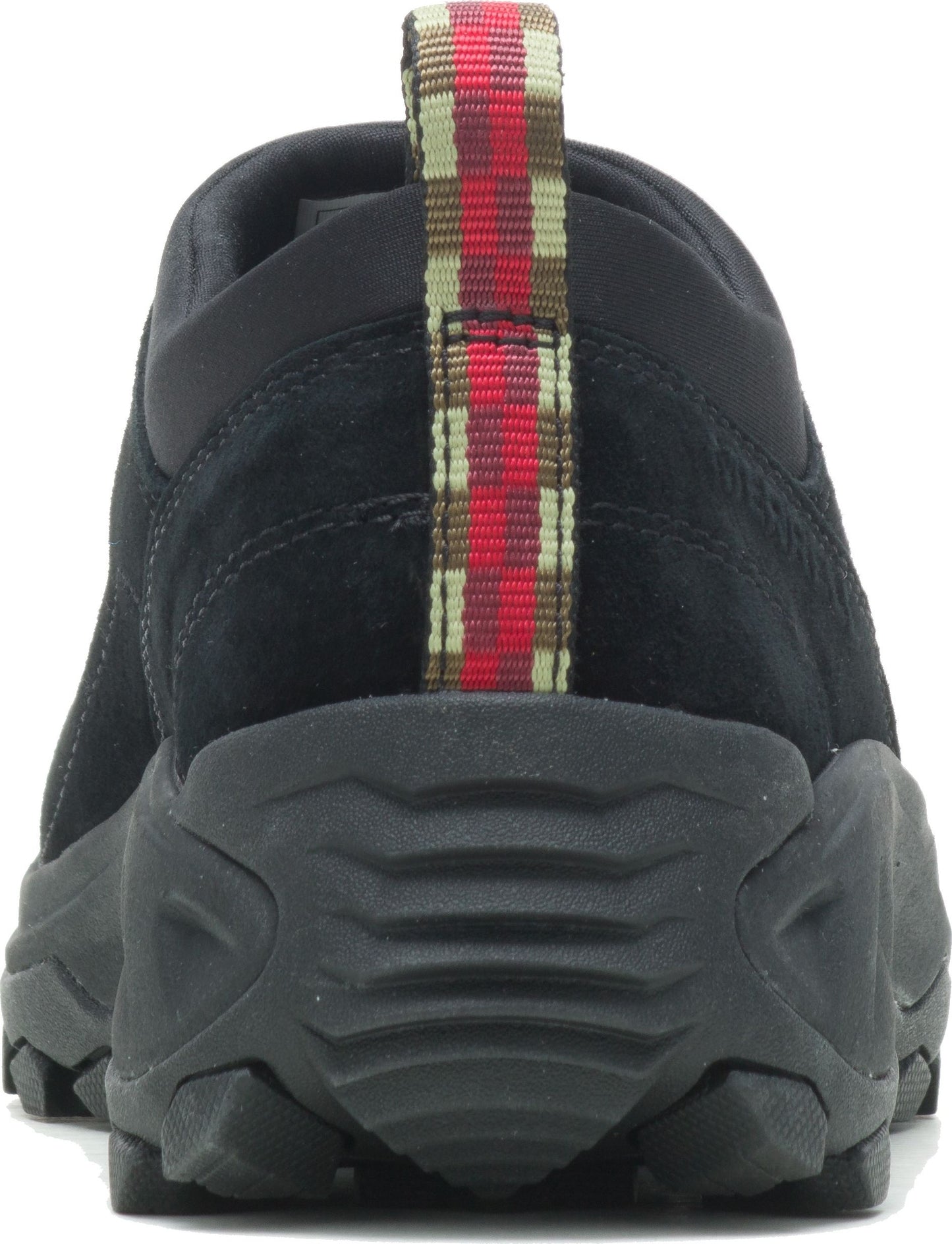 Back view of a black suede sneaker featuring a patterned pull tab and thick rubber sole.