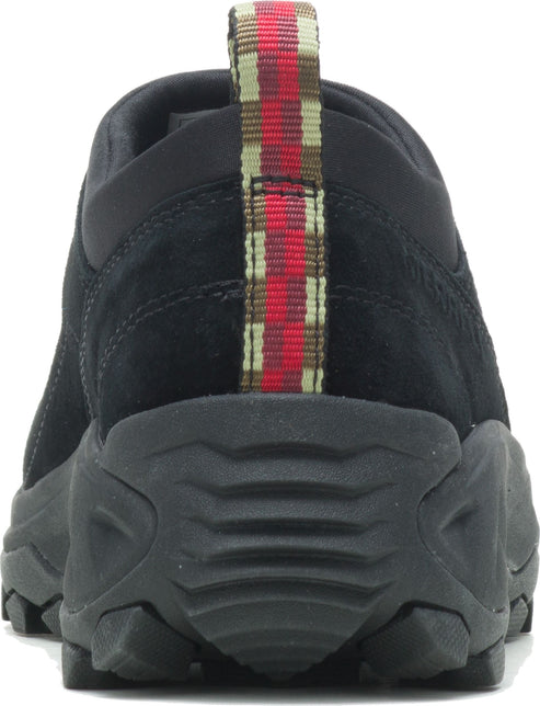 Back view of a black suede sneaker featuring a patterned pull tab and thick rubber sole.