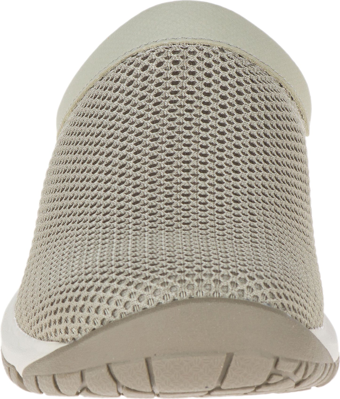 Beige open-back flat shoe with mesh upper and white sole, front view.