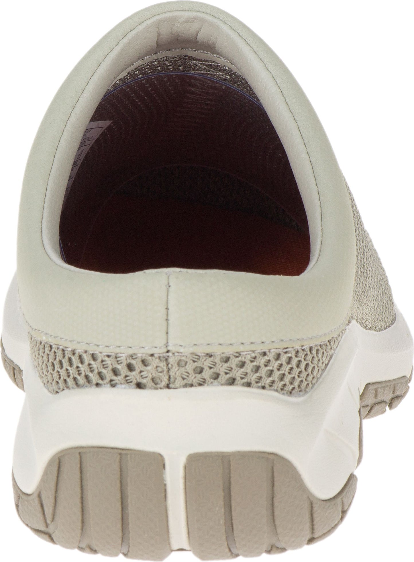 Tan clog style shoe, rear view showing the white sole and tan trim.