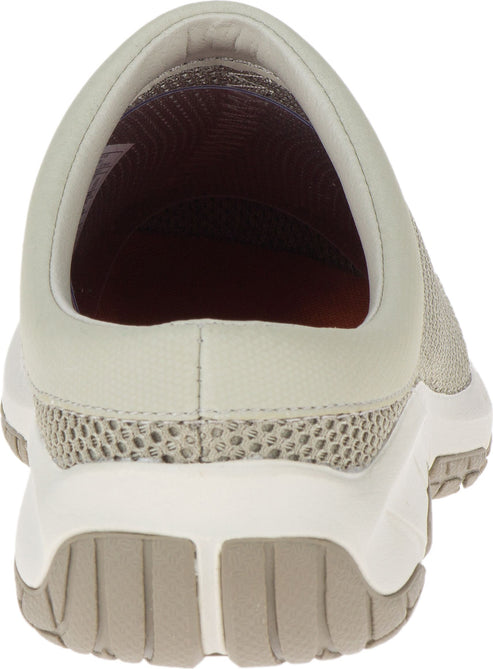 Tan clog style shoe, rear view showing the white sole and tan trim.