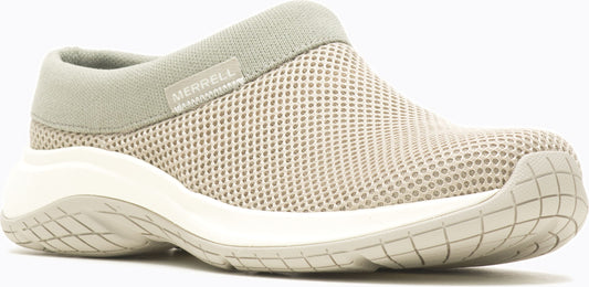 beige mesh slip-on shoe with a white sole, and MERRELL on the side.