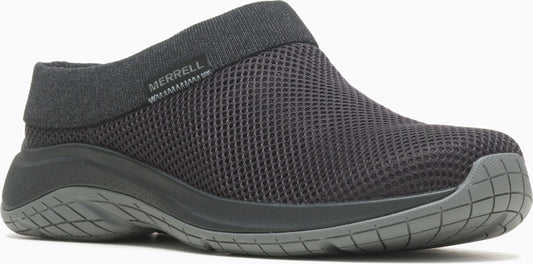 Charcoal-gray, slip-on shoe with a mesh upper and a logo along the side.