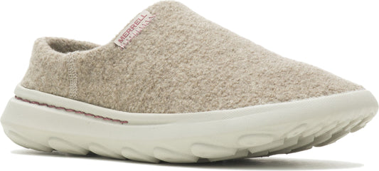 Beige, clog-style slipper with chunky white sole and red accent stitch.