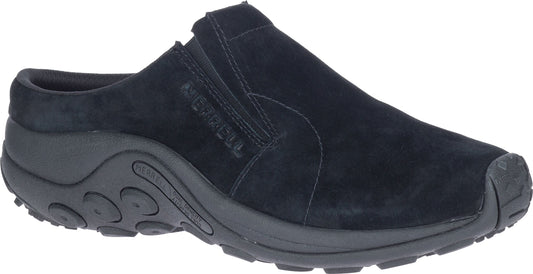 Black slip-on clog-style shoe featuring a suede upper and a thick, lugged sole.