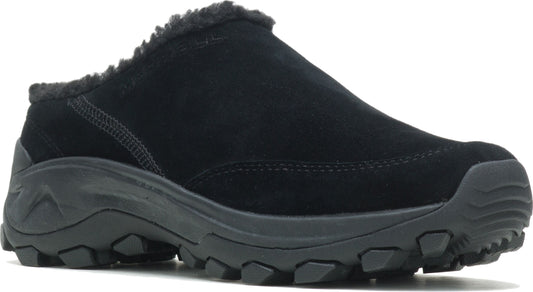 Black suede clog style shoe with fuzzy trim and lug sole