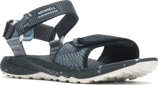 Charcoal open-toe sandal with adjustable straps; "MERRELL" visible on one strap.