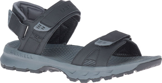 A dark gray sandal with three hook and loop straps and Merrell printed on the side.