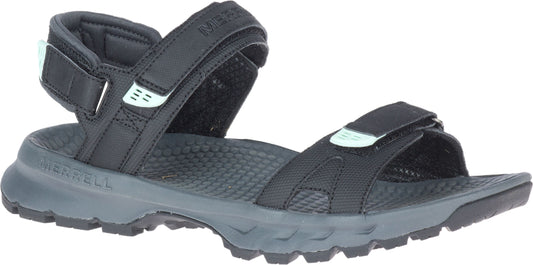 A black sandal with straps and a thick, gray sole.