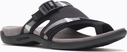 Black and grey sandal with adjustable strap.