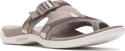 Beige slide sandal with adjustable buckle strap.