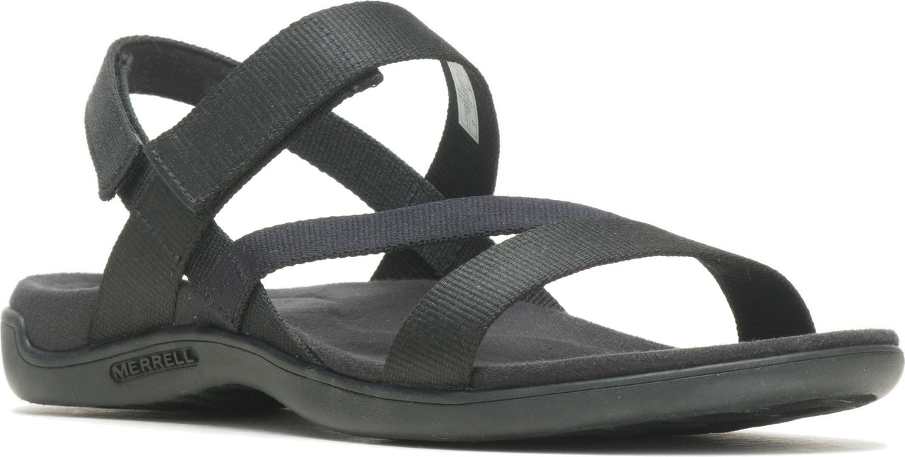Black sandal with fabric straps crossing the foot and an ankle strap with velcro.