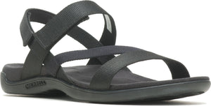 Black sandal with fabric straps crossing the foot and an ankle strap with velcro.
